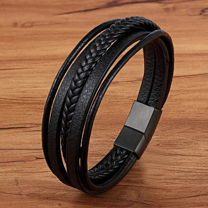 TYO Magnetic Black Leather Bracelet - Braided Punk Rock Men's
