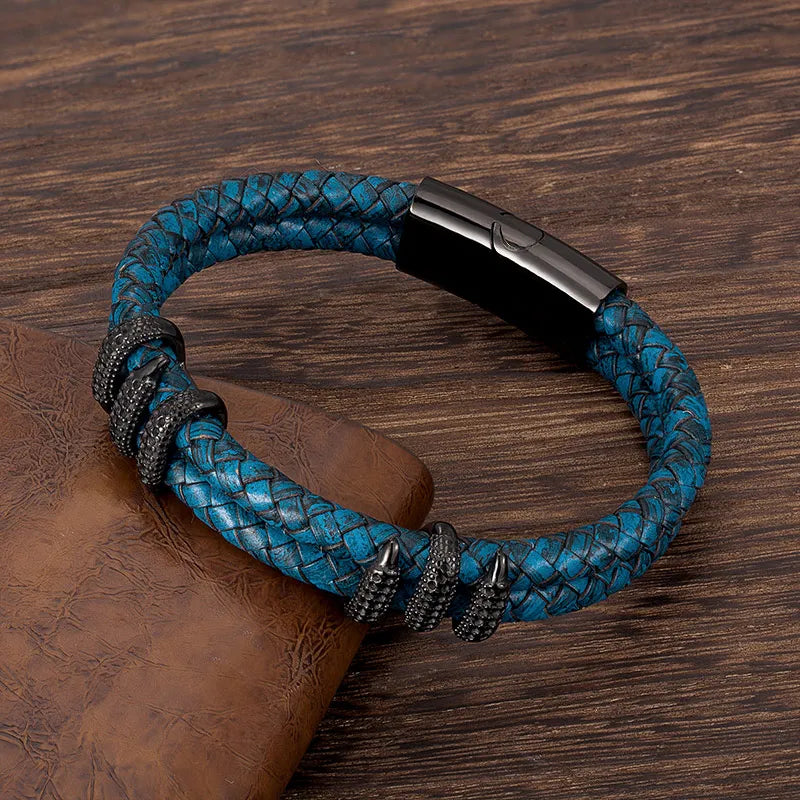 MKENDN Punk Blue Braided Leather Bracelet - Dragon Claw Men's