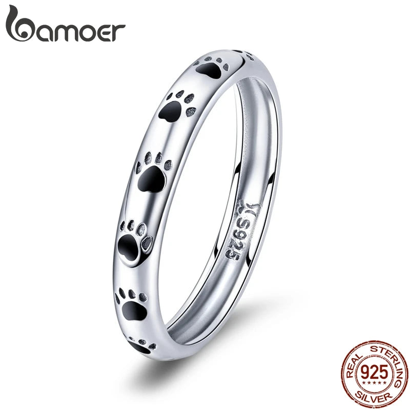 BAMOER 925 Silver Paw Print Ring - Dog Cat Footprints