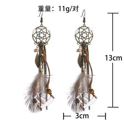 Dream Catcher Feather Earrings - Handmade Boho Tassel