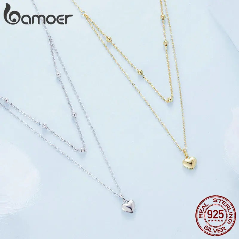BAMOER 925 Silver Heart Necklace - Gold Double Layer Choker