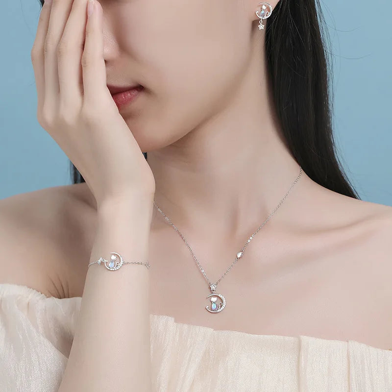 European S925 Silver Cat Moon Set - AAA CZ Sparkling 3PC