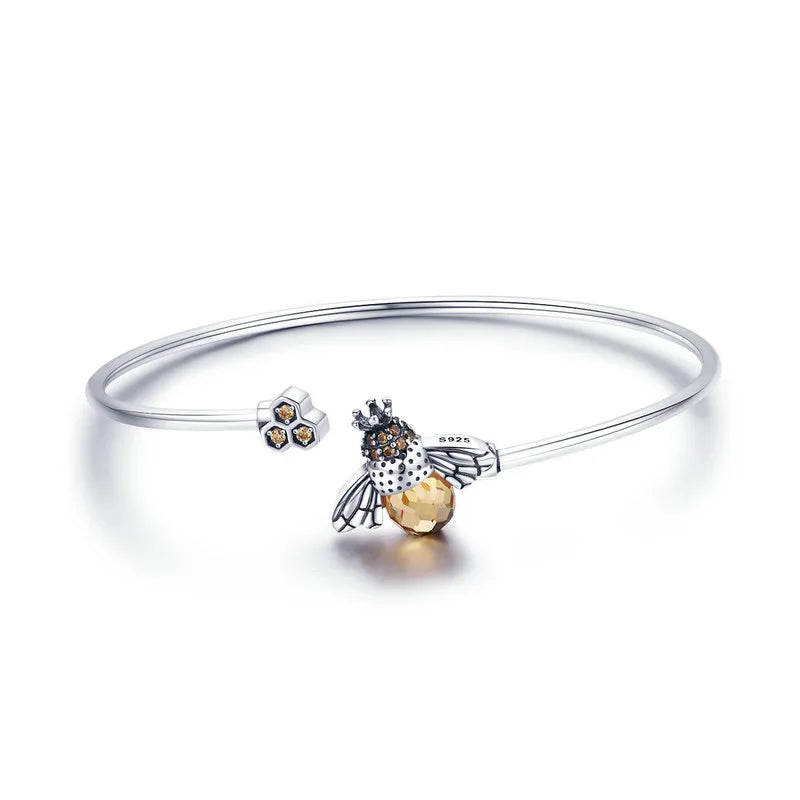 BAMOER 925 Silver Yellow Bee Bangle - Crystal Cute Insect