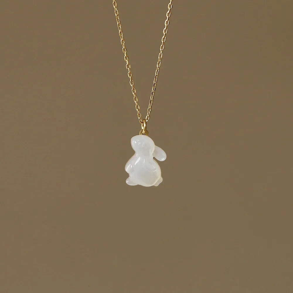Jade Rabbit White Shell Necklace - 18K Gold Moon Pendant