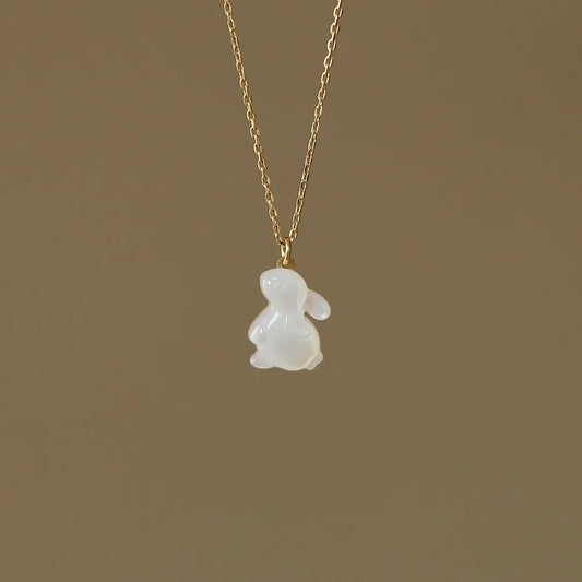 Jade Rabbit White Shell Necklace - 18K Gold Moon Pendant
