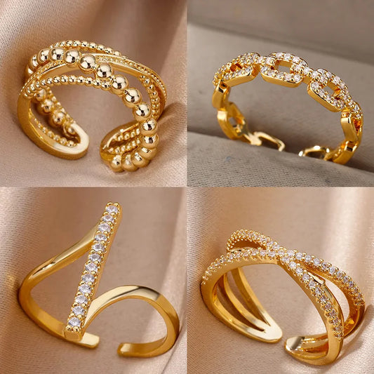 Gold Geometric Zircon Ring - Stainless Steel Opening Band