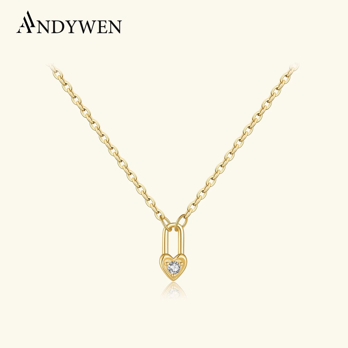 ANDYWEN 925 Silver Heart Padlock Necklace - Square Key Love