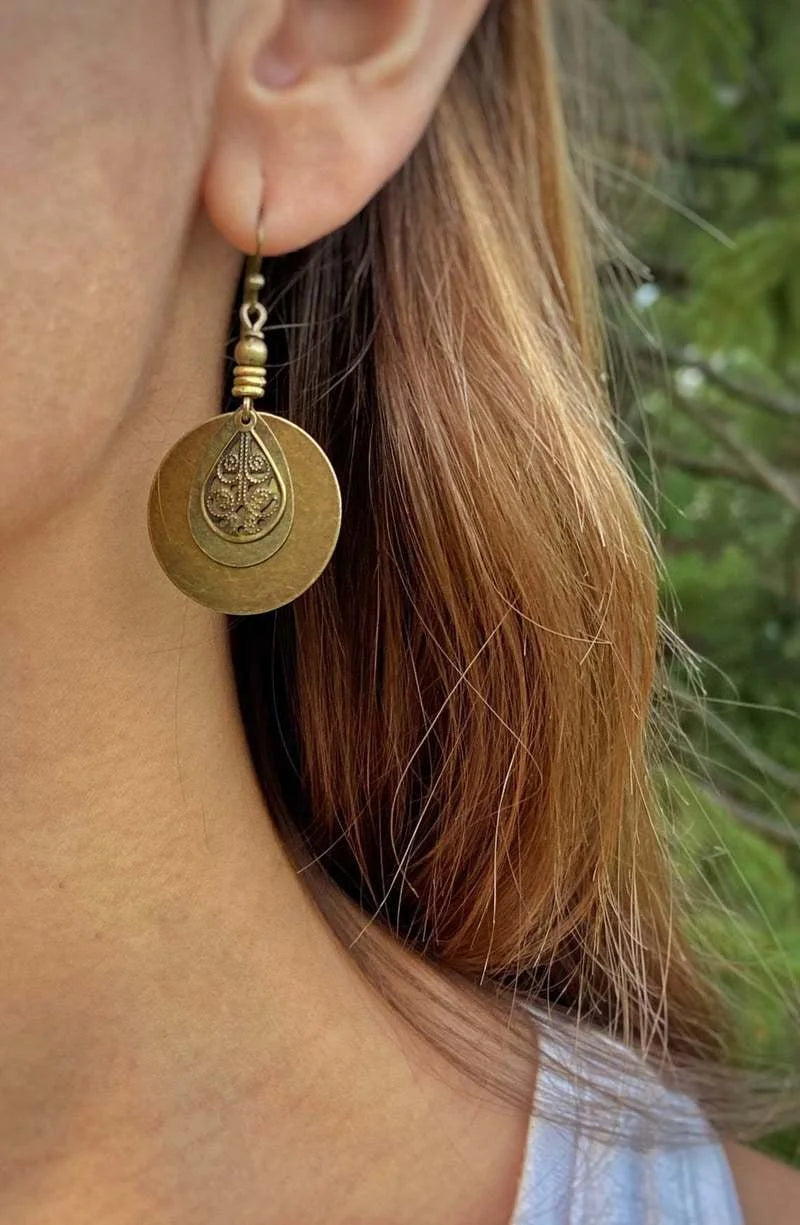 Ethnic Bronze Carved Earrings - Bohemian Distressed Beaded