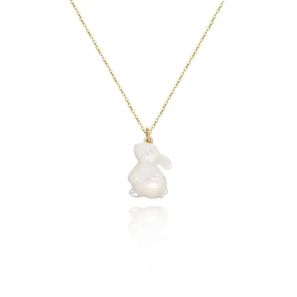 Jade Rabbit White Shell Necklace - 18K Gold Moon Pendant