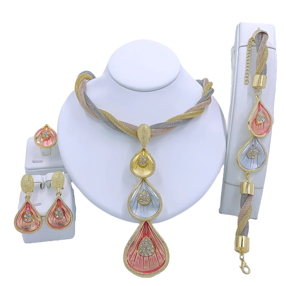 African Dubai Gold Jewelry Set - 4PC Wedding Bridal Flower