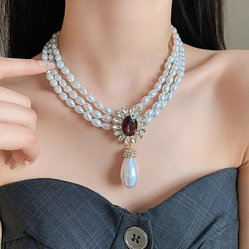 French Style Pearl & Rhinestone Jewelry Set - Flower Design