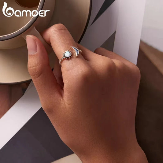 BAMOER 925 Silver Sun & Moon Ring - Vintage Opal