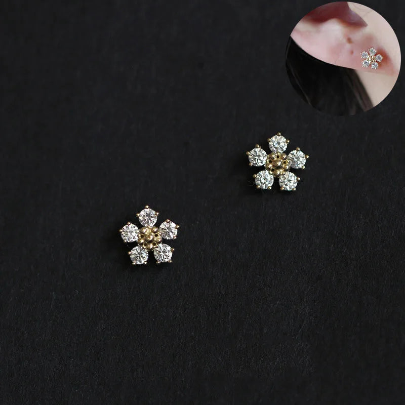 925 Silver Needle Shiny Zircon Stud Earrings - Gold Plating