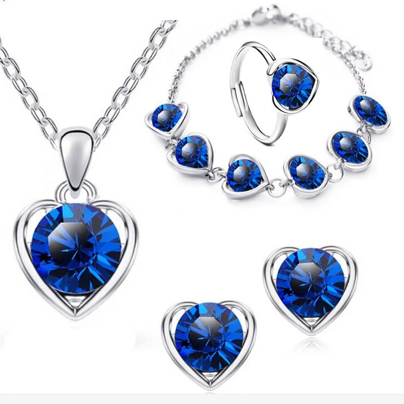 Blue Crystal Jewelry Set - Ring Necklace Earrings Wedding