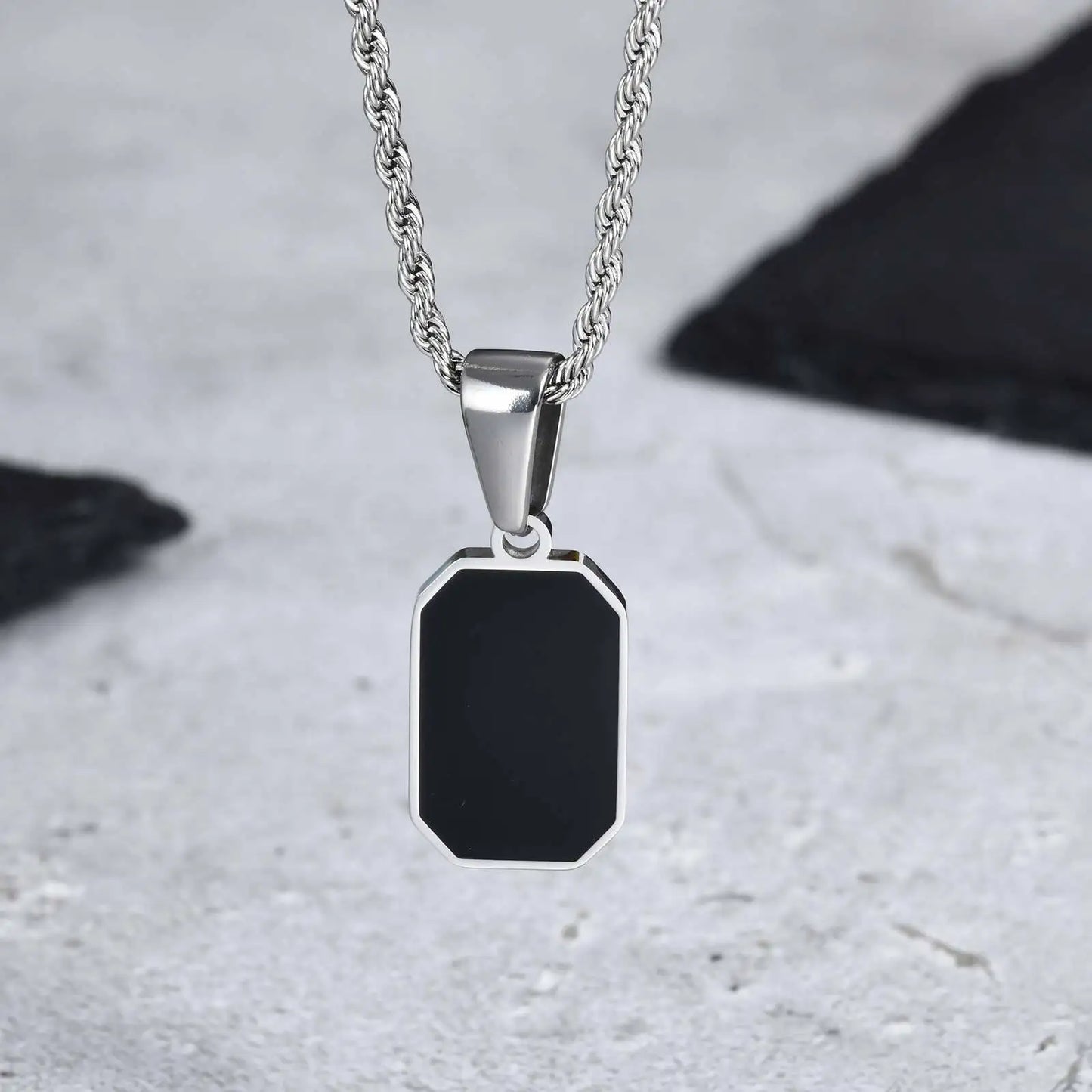 Casual Men's Geometric Square Necklace - Black Enamel Rectangle
