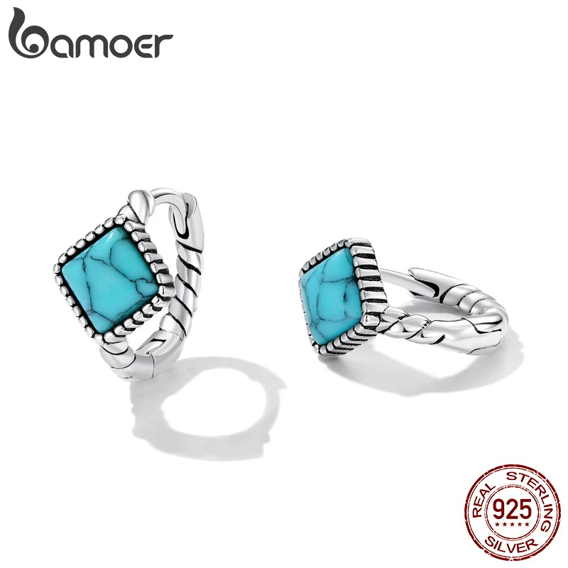 BAMOER 925 Silver Blue Turquoise Hoop Earrings - Square Twist
