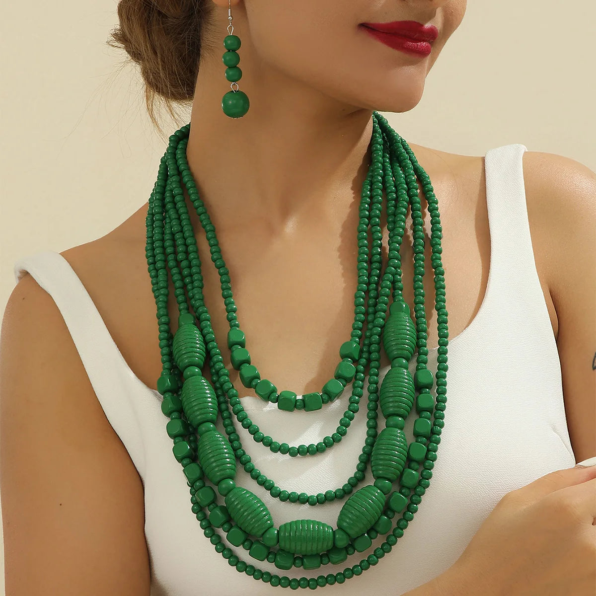 Colorful African Wooden Bead Jewelry Set - Multi-Layer Bohemian
