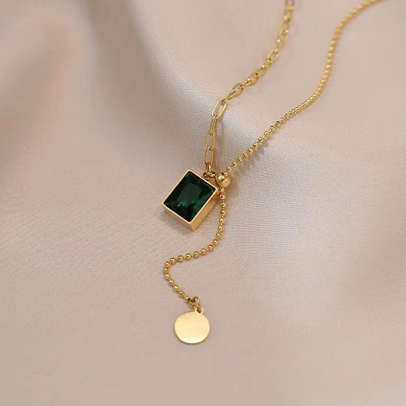 Yupsk Green Square Zircon Necklace - 316L Steel Vintage
