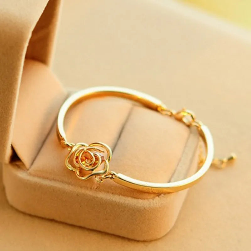 Rose Flower Bracelet - Gold Color Classic Bangle