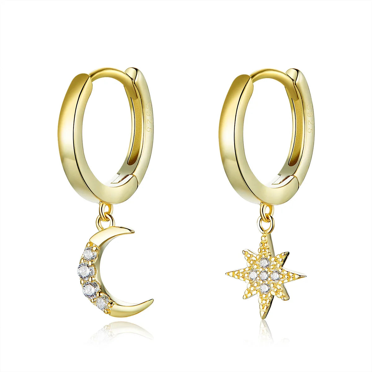 BAMOER 925 Silver Moon & Star Dangle Earrings - Gold Plated