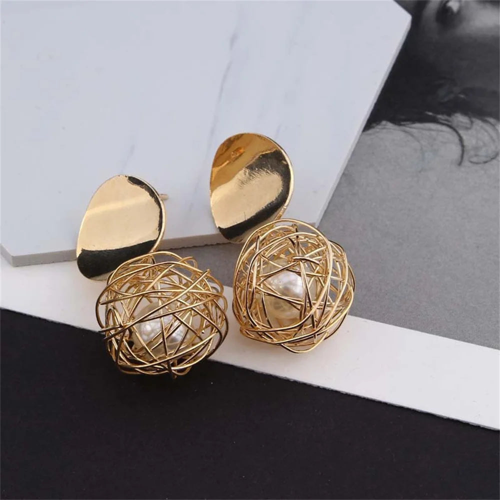 Trendy Twist Wire Ball Dangle Earrings - Golden Geometric