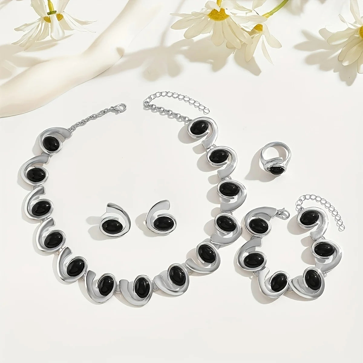 4PC Silver Jewelry Set - Geometric Oval Black Acrylic Simple