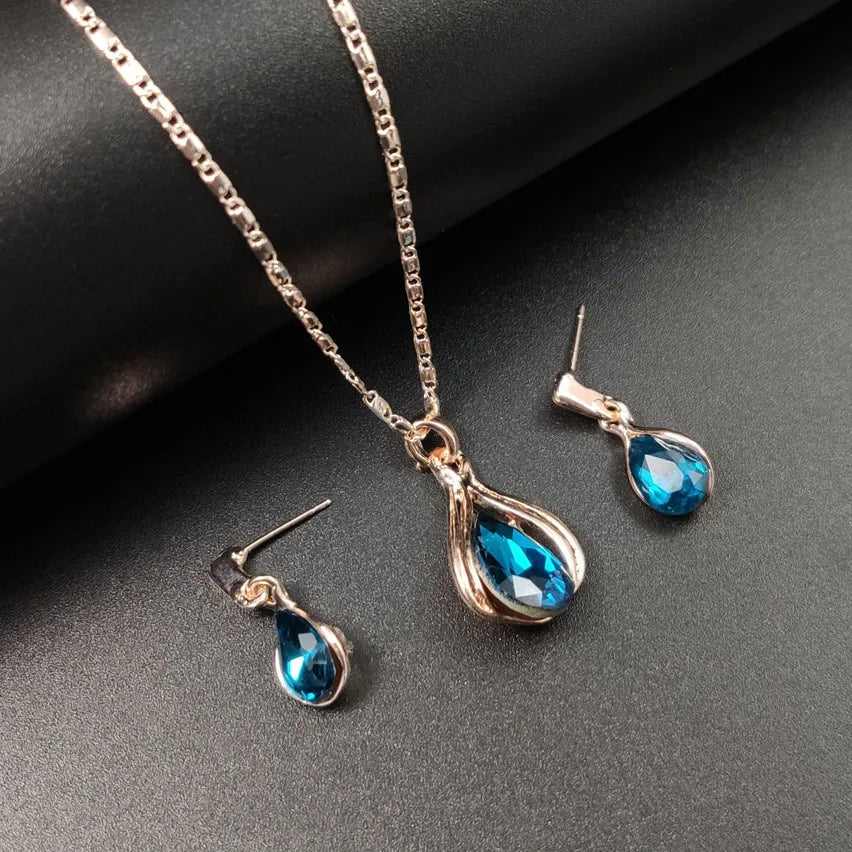 Blue Green Water Drop Jewelry Set - Geometric Design