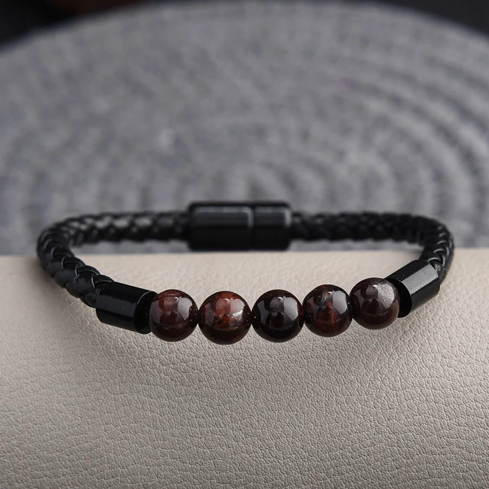 Leather Lava Chakra Bracelet - Black Tiger Eye Magnetic