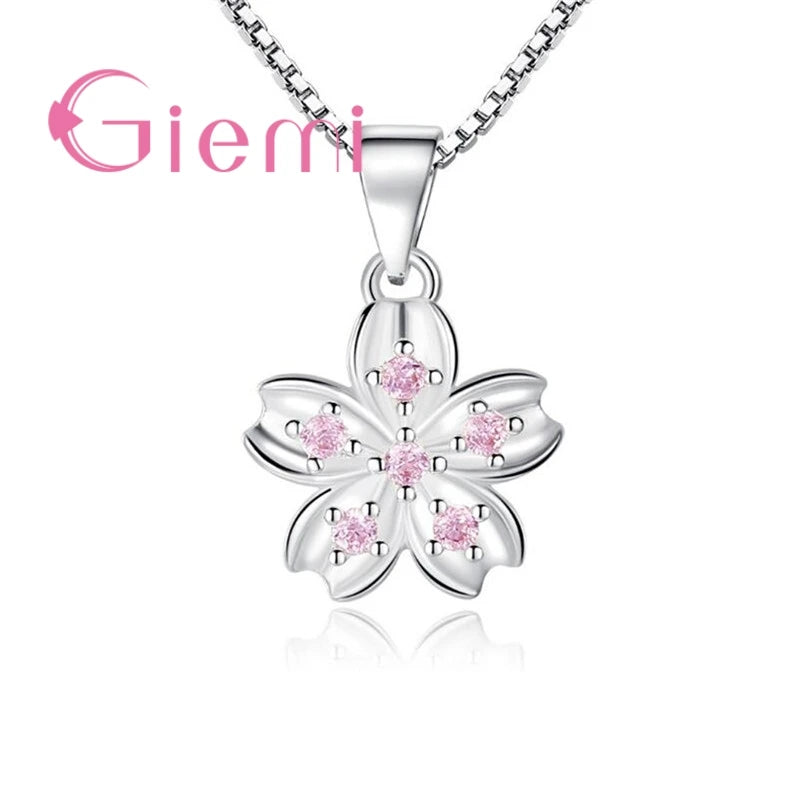925 Silver Cherry Blossom Pendant Necklace - Pink CZ Five Petals