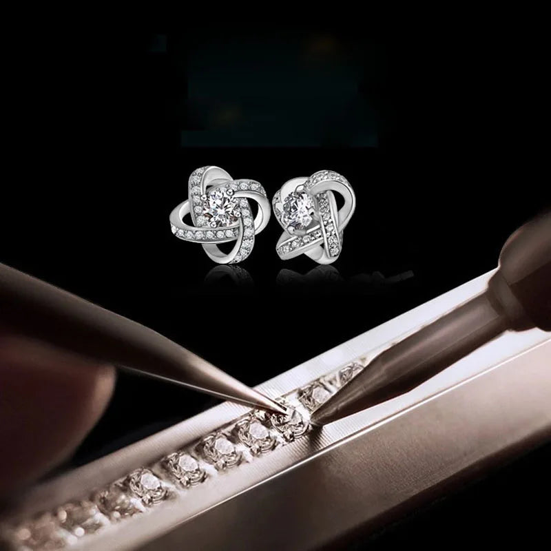 925 Silver Crystal Knot Flower Stud Earrings - Wedding Bijoux