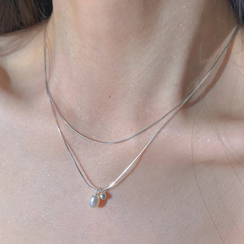 925 Silver Pearl Thin Chain Necklace - Trendy Simple Elegant
