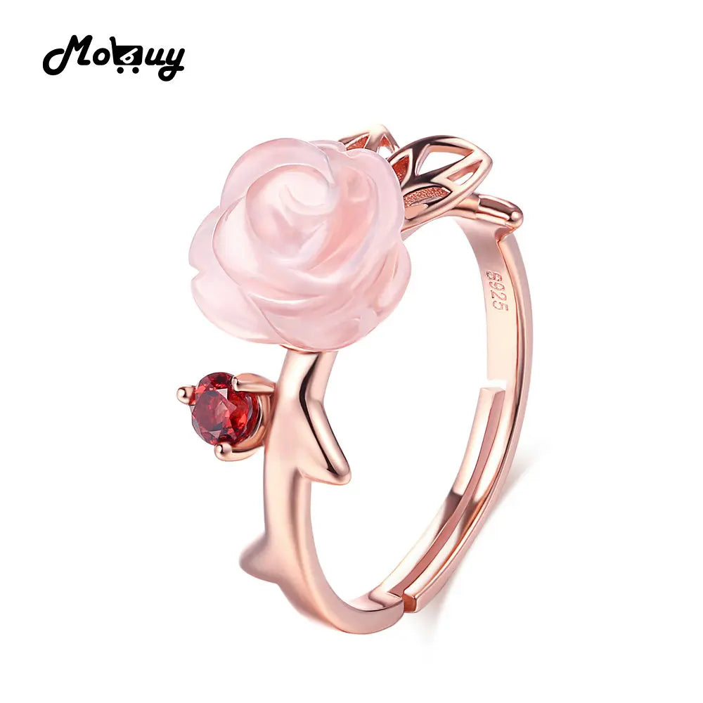MoBuy Rose Quartz Flower Ring - 925 Silver Gold Plated