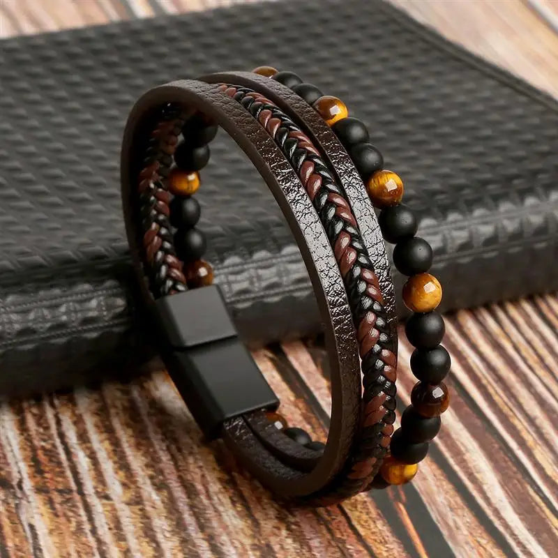 High Quality Tiger Eye Leather Bracelet - Multi-Layer Men's
