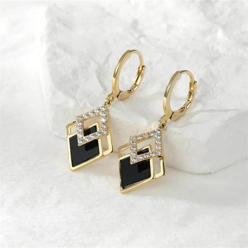 Black Rhombus Drop Earrings - Gold Rhinestone Statement