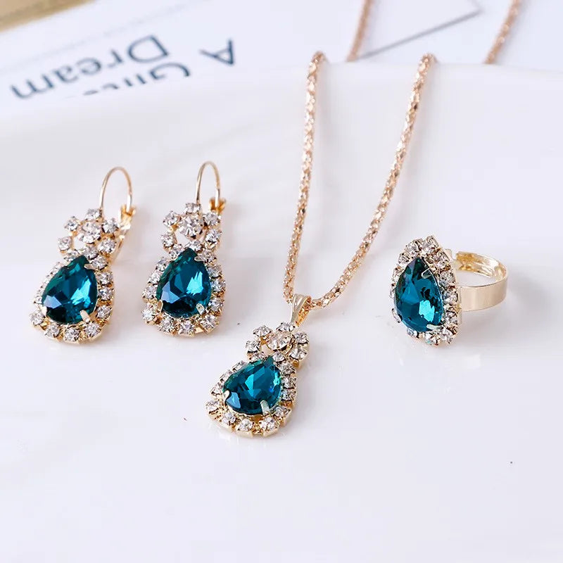 Blue Crystal Jewelry Set - Ring Necklace Earrings Wedding