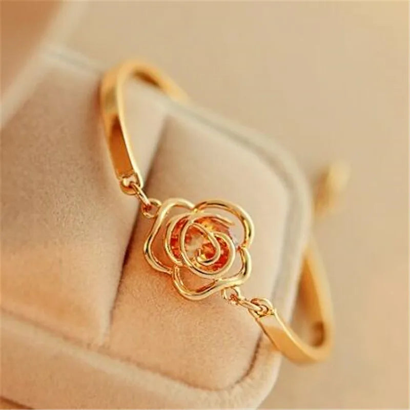 Rose Flower Bracelet - Gold Color Classic Bangle