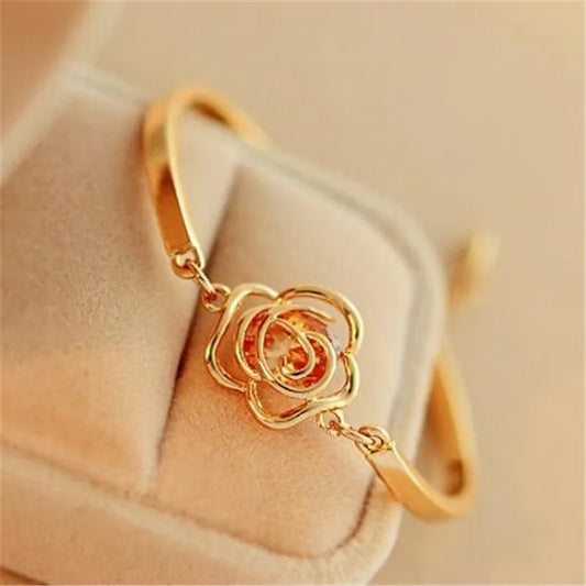 Rose Flower Bracelet - Gold Color Classic Bangle