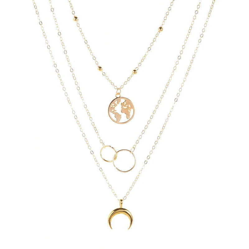 Fashion Retro Moon World Map Necklace - Multilayer Gold Circle