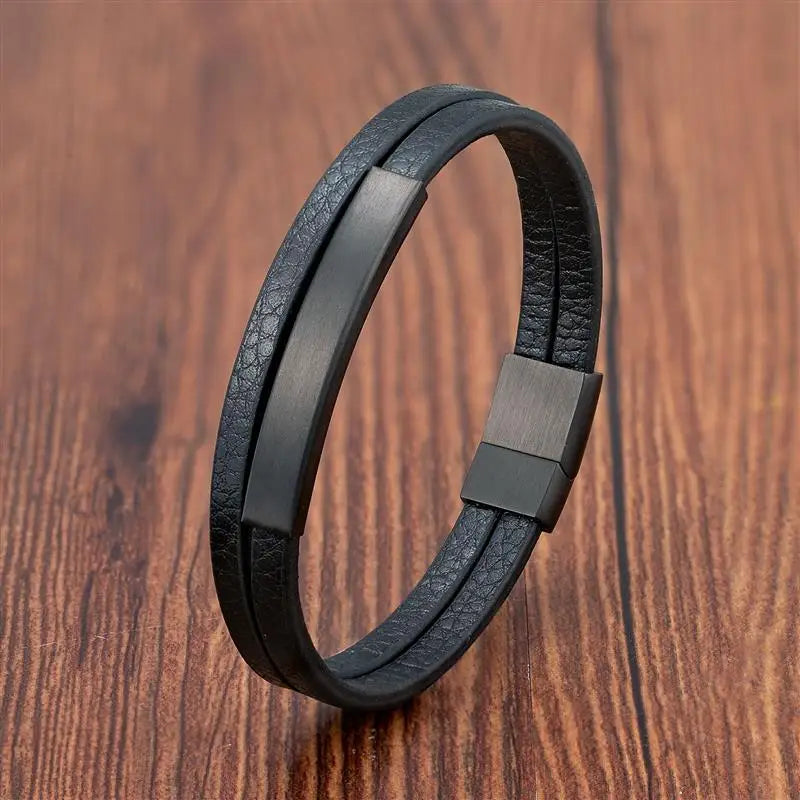 Simple Black Leather Bracelet - Double-Layer Braid Men's