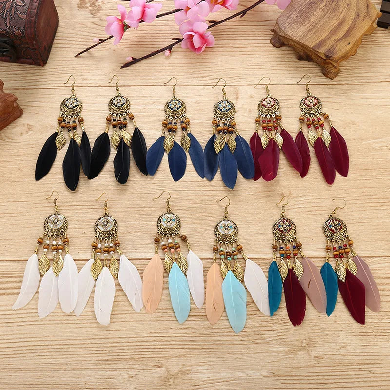 Bohemian Carved Leaf Feather Earrings - Vintage Tassel