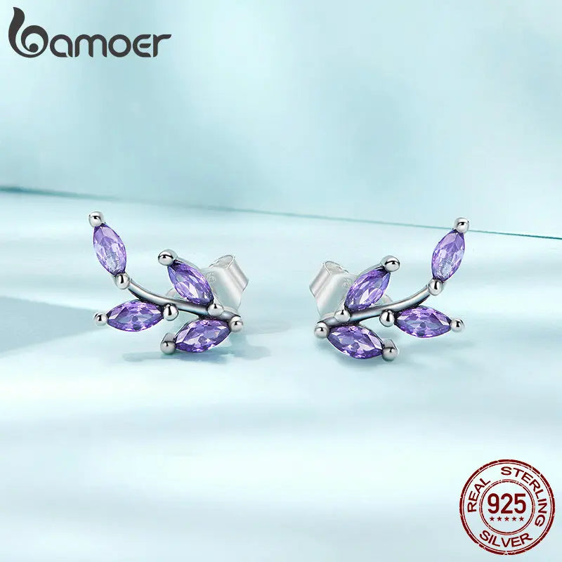 BAMOER 925 Silver Purple Branch Stud Earrings - Statement