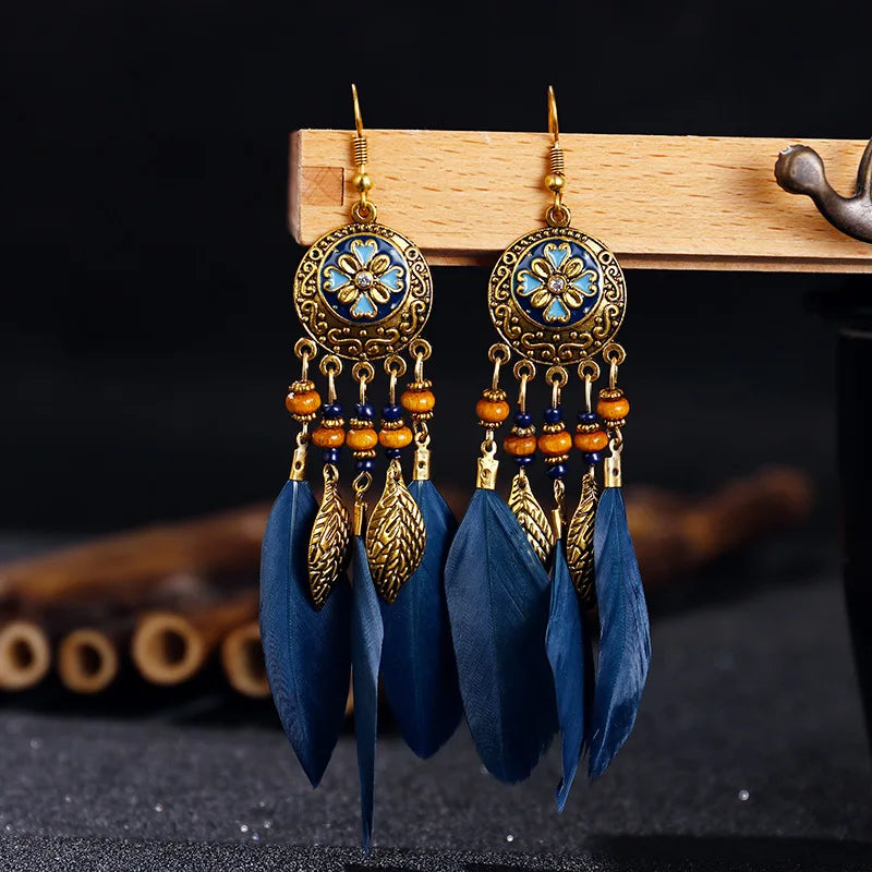 Bohemian Carved Leaf Feather Earrings - Vintage Tassel