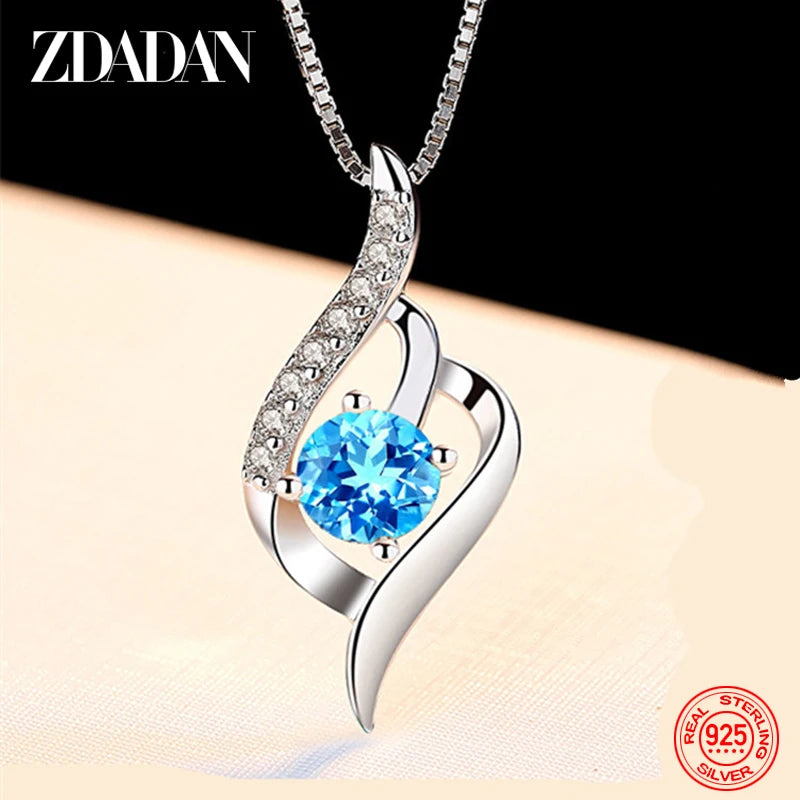 ZDADAN 925 Silver Blue Crystal Necklace - Wedding Chain