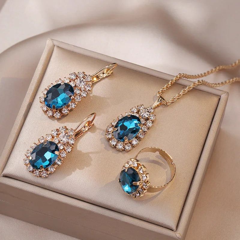 Blue Crystal Jewelry Set - Ring Necklace Earrings Wedding