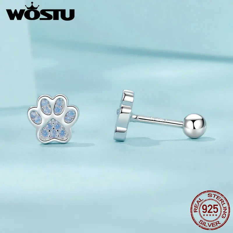 WOSTU 925 Silver Pink Opal Paw Stud Earrings - Pet Lover Gift