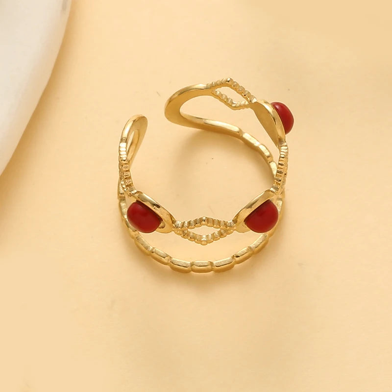 Hollow Out Natural Stone Ring - Stainless Steel Wide Band