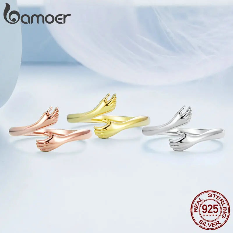 BAMOER 925 Silver Hug Ring - Adjustable Love Design