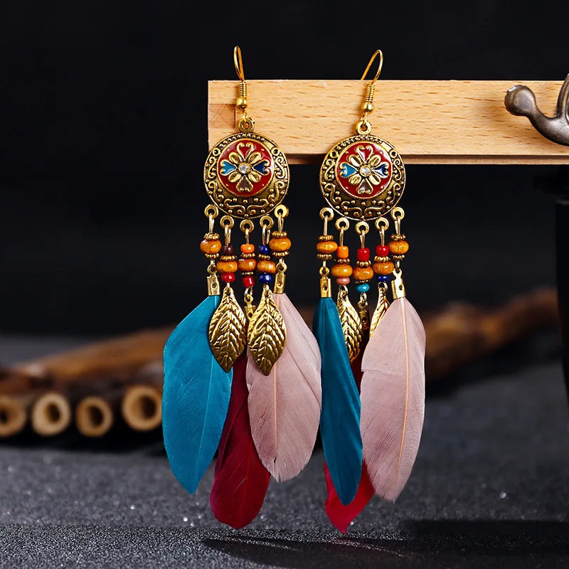 Bohemian Carved Leaf Feather Earrings - Vintage Tassel
