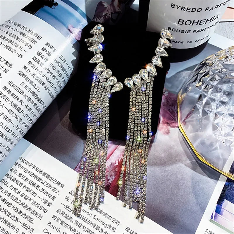 FYUAN Long Tassel Rhinestone Drop Earrings - Shiny Water Drop