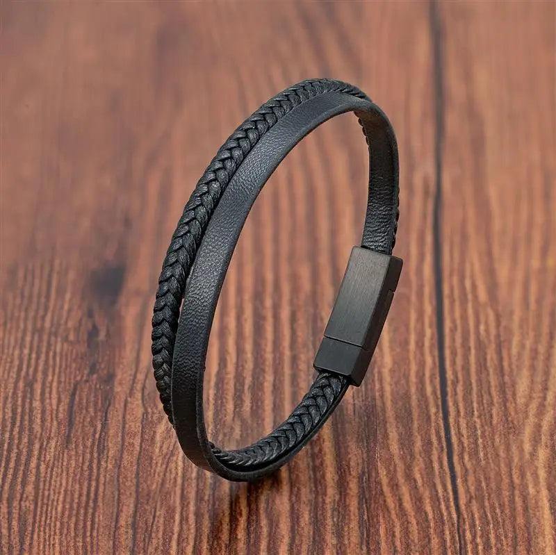 Simple Black Leather Bracelet - Double-Layer Braid Men's